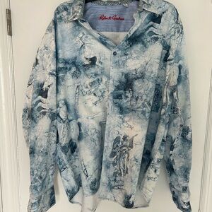 Robert Graham Blue and White Illustrated Long-Sleeve Button Shirt